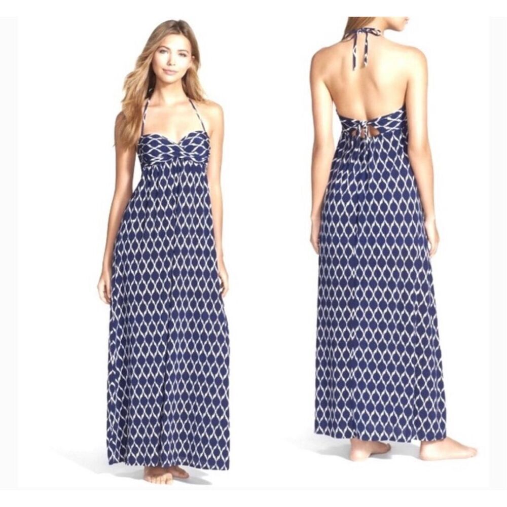 Robin Piconne Blue White Ikat Halter Top Maxi Dress M